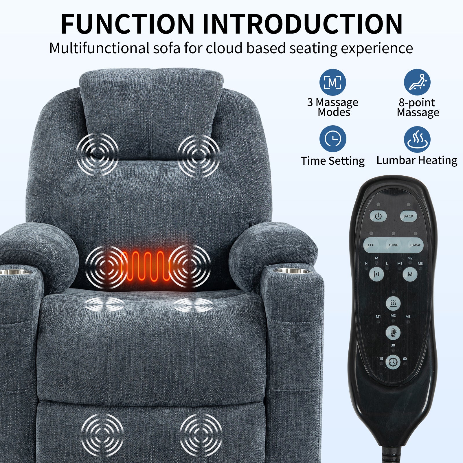 Up To 350 Lbs Chenille Power Lift Recliner Chair, Heavy Duty Motion Mechanism With 8 Point Vibration Massage And Lumbar Heating, Usb And Type C Ports, Stainless Steel Cup Holders, Blue White Metal Primary Living Space Heavy Duty Pine Blue Gray Chenille