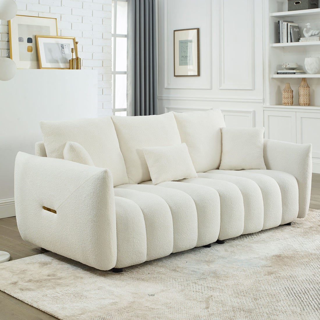 Video Mh 82" Premium Teddy Fabric Sofa With 3 Back Pillows And 3 Back Cushions Solid Wood Frame 3 Seater Sofa, Oversized Upholstered Chair For Living Room, Bedroom, Apartment And Office Beige Wood Primary Living Space Foam Wood 3 Seat