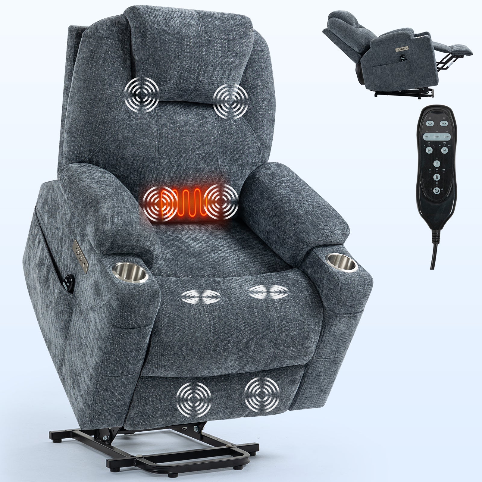 Up To 350 Lbs Chenille Power Lift Recliner Chair, Heavy Duty Motion Mechanism With 8 Point Vibration Massage And Lumbar Heating, Usb And Type C Ports, Stainless Steel Cup Holders, Blue White Metal Primary Living Space Heavy Duty Pine Blue Gray Chenille