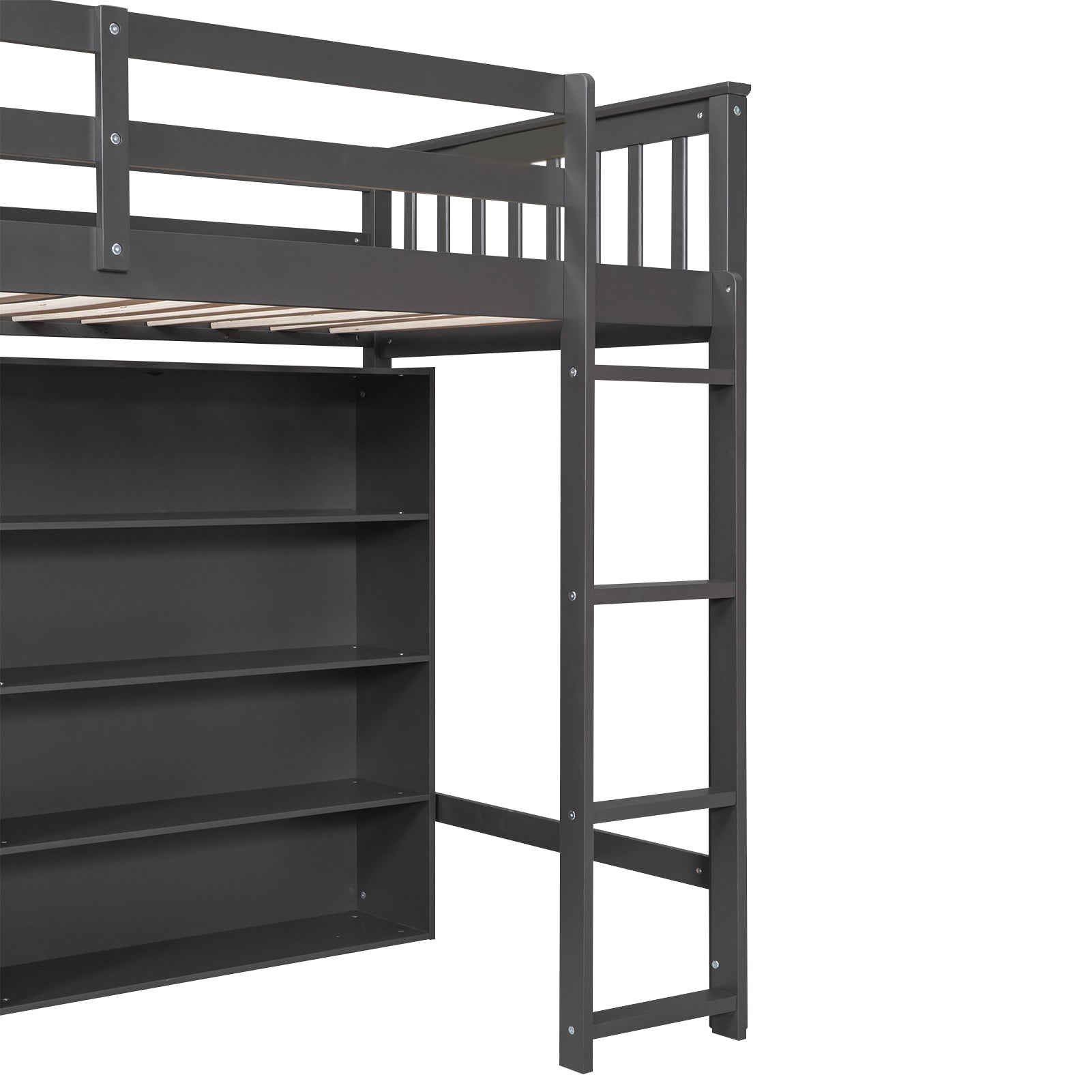 Twin Size Loft Bed With 8 Open Storage Shelves And Built In Ladder, Gary Gray Solid Wood Mdf