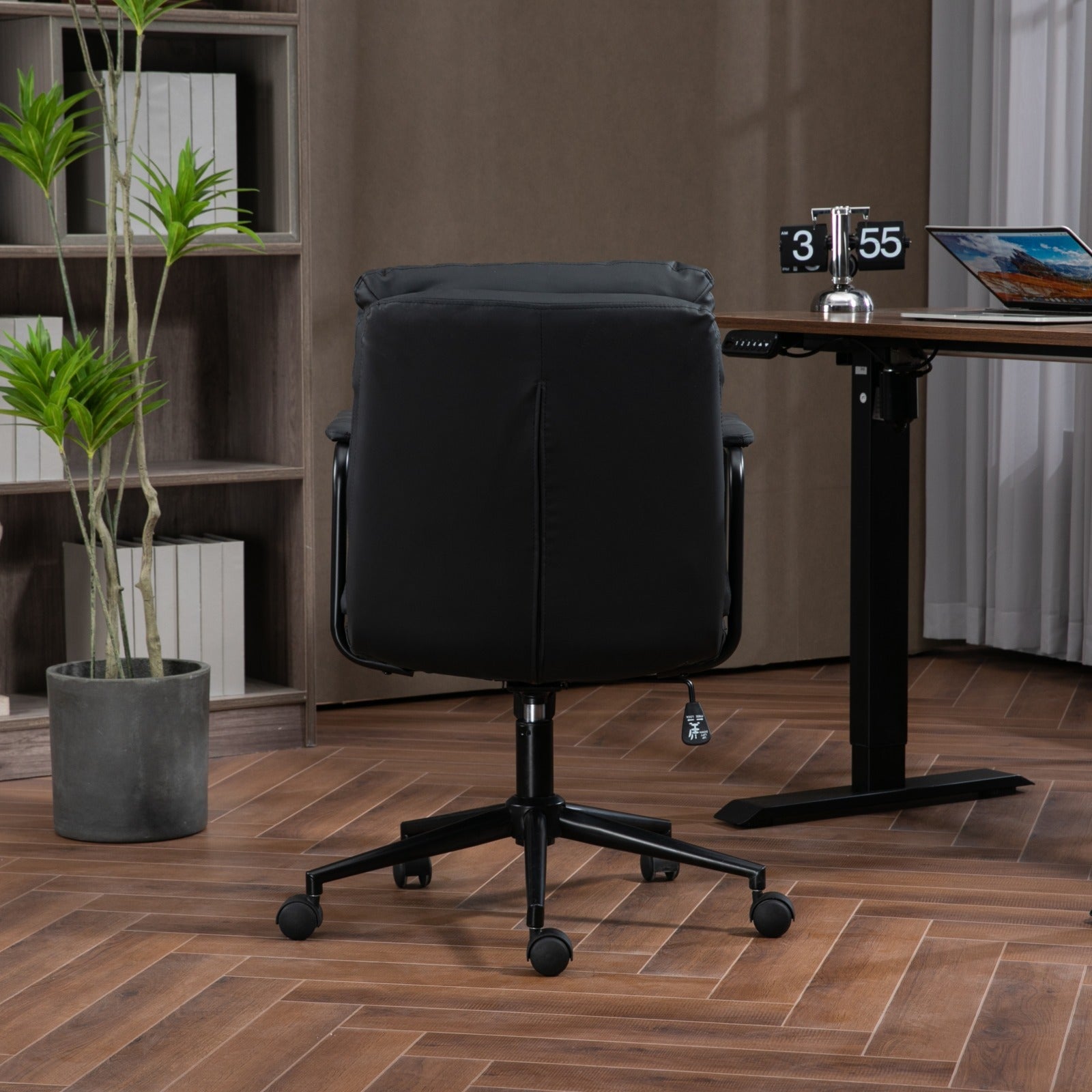 Office Chair,Mid Back Home Office Desk Task Chair With Wheels And Arms Ergonomic Pu Leather Computer Rolling Swivel Chair With Padded Armrest,The Back Of The Chair Can Recline 40 Black Black Office American Design Foam Pu