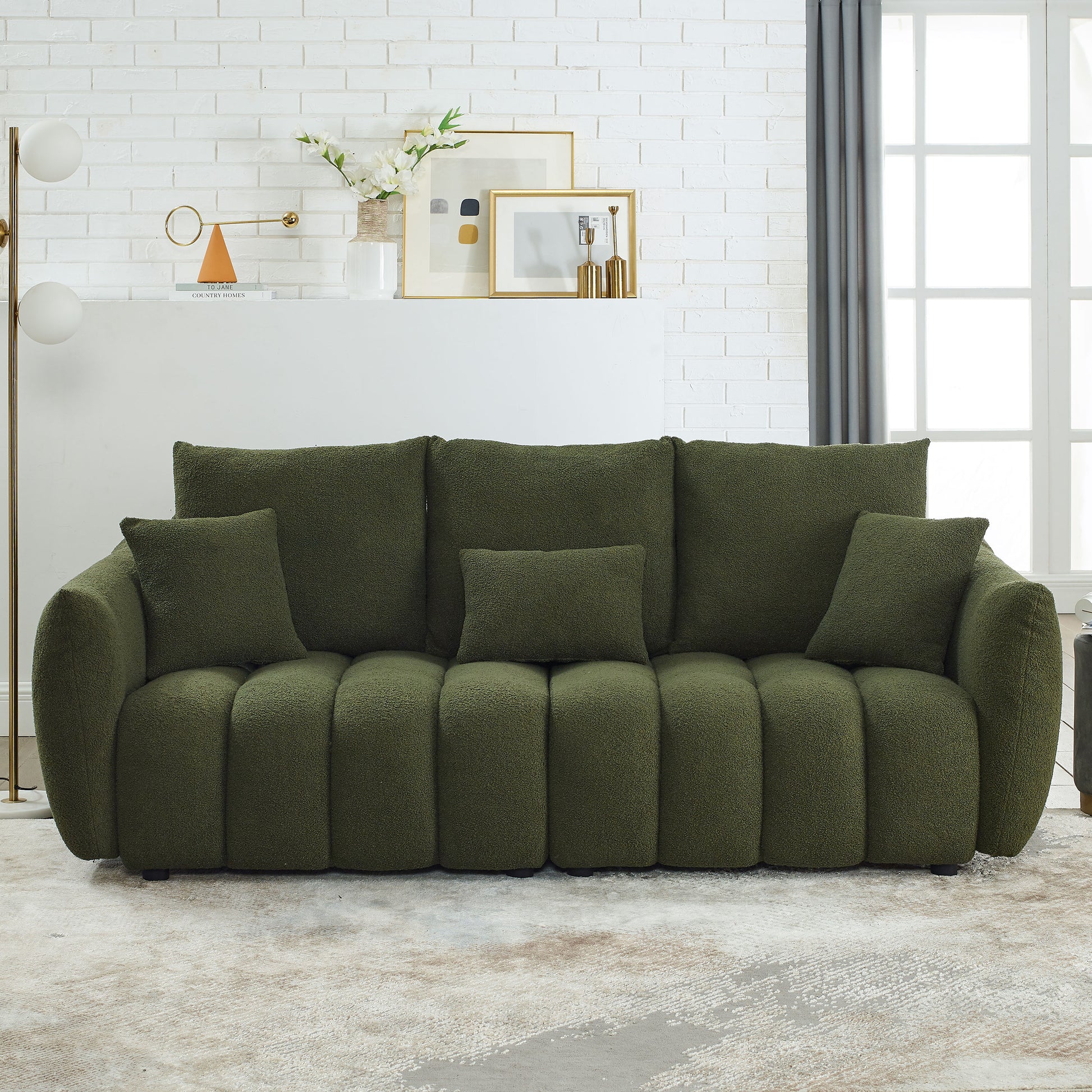 Video Mh 82" Premium Teddy Fabric Sofa With 3 Back Pillows And 3 Back Cushions Solid Wood Frame 3 Seater Sofa, Oversized Upholstered Chair For Living Room, Bedroom, Apartment And Office Green Wood Primary Living Space Foam Wood 3 Seat