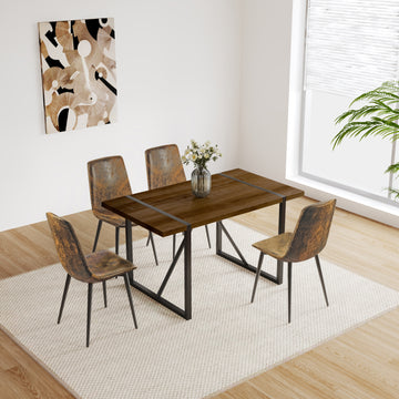 Mdf Walnut Colour Dining Table And Modern Dining Chairs Set Of 4, Mid Century Wooden Kitchen Table Set, Metal Base & Legs, Dining Room Table And Suede Chairs Walnut Brown Kitchen Mid Century Modern Mdf