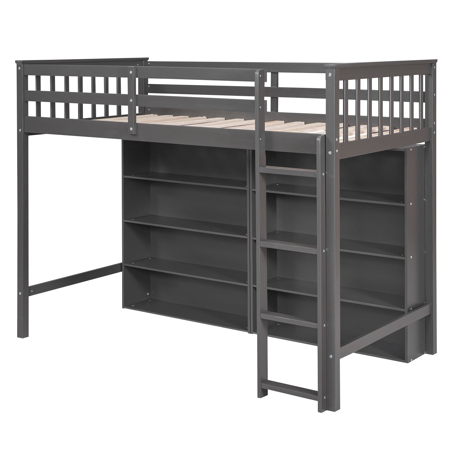 Twin Size Loft Bed With 8 Open Storage Shelves And Built In Ladder, Gary Gray Solid Wood Mdf