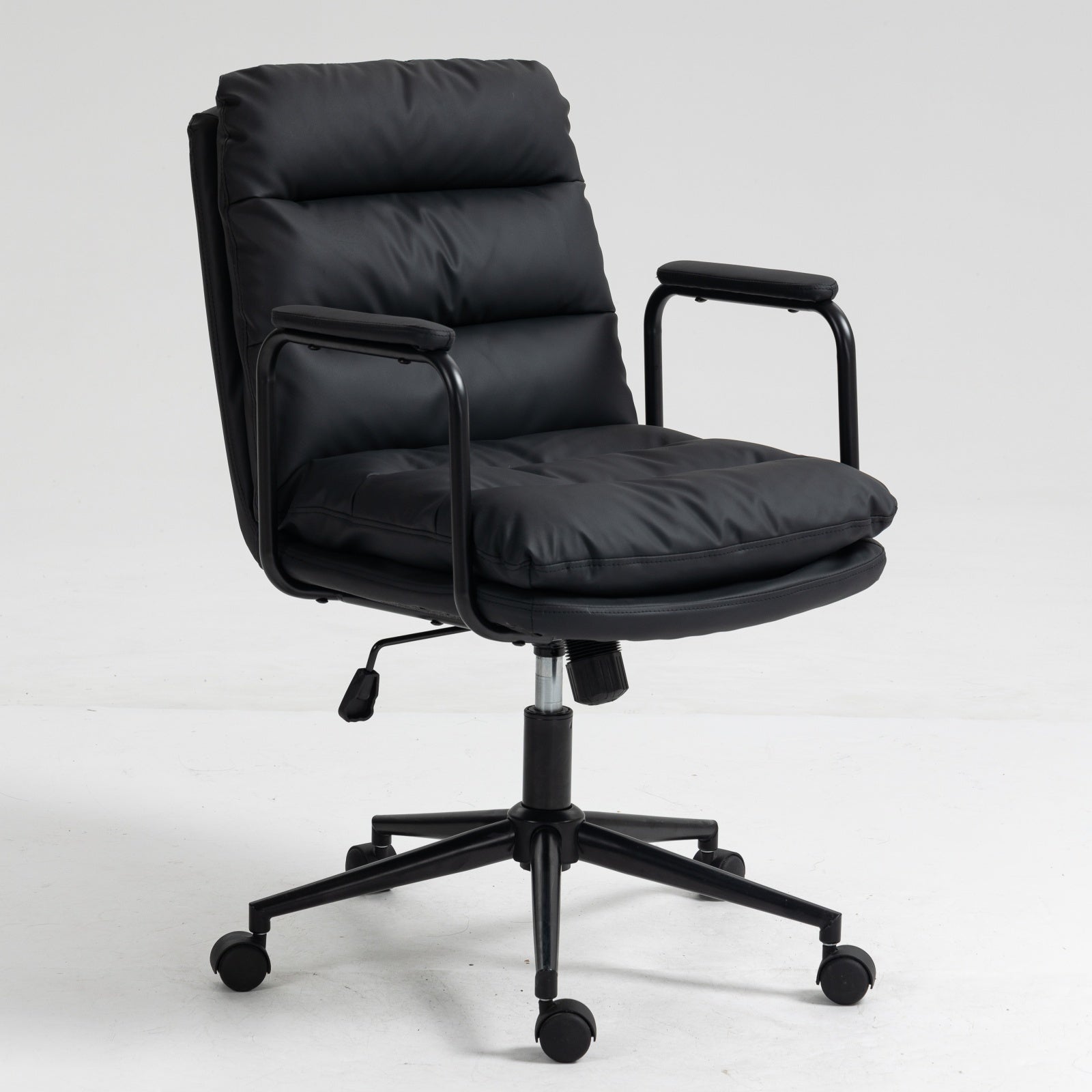 Office Chair,Mid Back Home Office Desk Task Chair With Wheels And Arms Ergonomic Pu Leather Computer Rolling Swivel Chair With Padded Armrest,The Back Of The Chair Can Recline 40 Black Black Office American Design Foam Pu