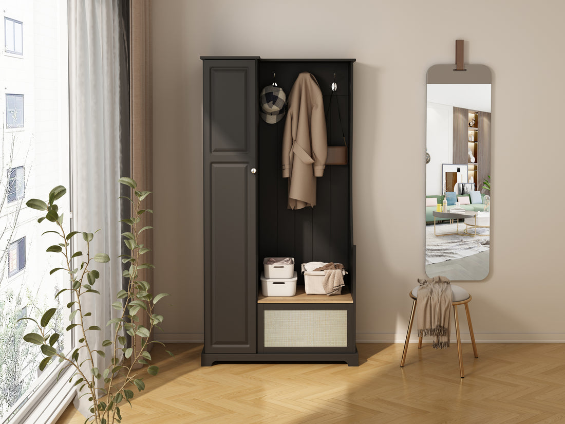 Hall Tree With Bench, Storage Cabinet, Suitable For Living Room, Entryway, Bedroom Black Mdf