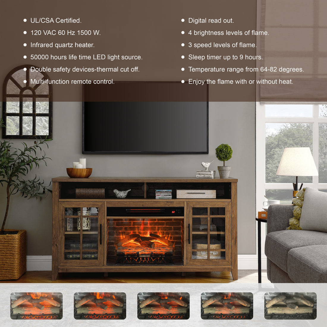 55 Inch Tv Media Stand With Electric Fireplace Kd Inserts Heater,Reclaimed Barnwood Color Powder Coated Electric Reclaimed Barnwood Vent Free Primary Living Space Yes Insert Temptered Glass Stainless Steel Mdf Electric