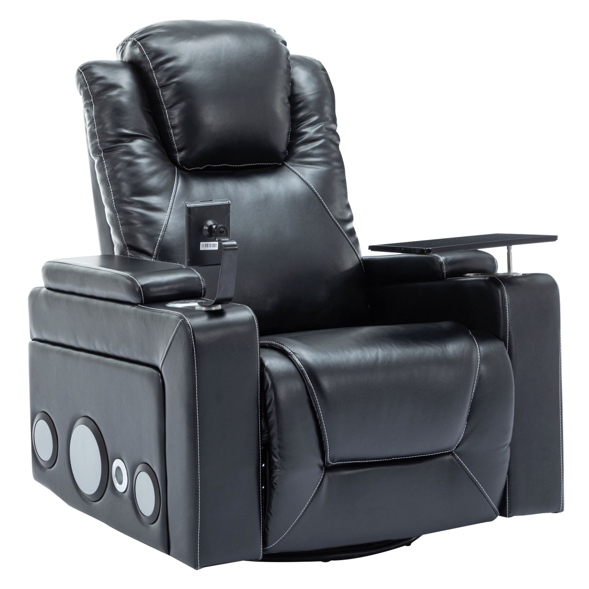 270 Degree Swivel Pu Leather Power Recliner Individual Seat Home Theater Recliner With Surround Sound, Cup Holder, Removable Tray Table, Hidden Arm Storage For Living Room, Black Black Foam Pu Leather