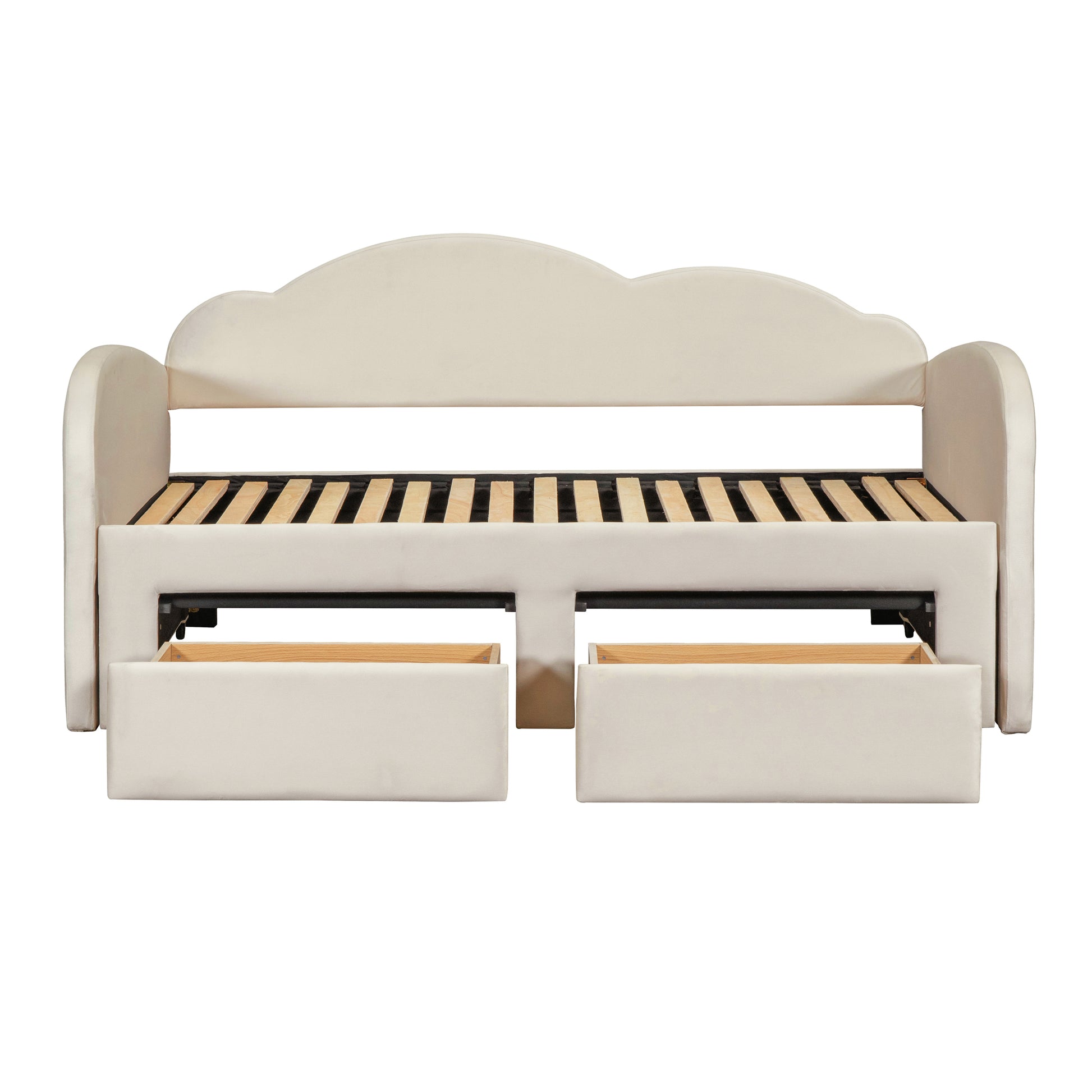 Twin Size Upholstered Daybed With Cloud Shaped Backrest, Trundle & 2 Drawers And Usb Ports, Beige Beige Velvet