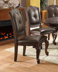 Beautiful Hand Carved Formal Traditional Dining Side Chair With Faux Leather Upholstered Padded Seat And Back Button Tufting Detail Dining Room Solid Wood Furniture Brown Espresso Brown Espresso Dining Room Traditional Side Chair Tufted Back Solid Wood