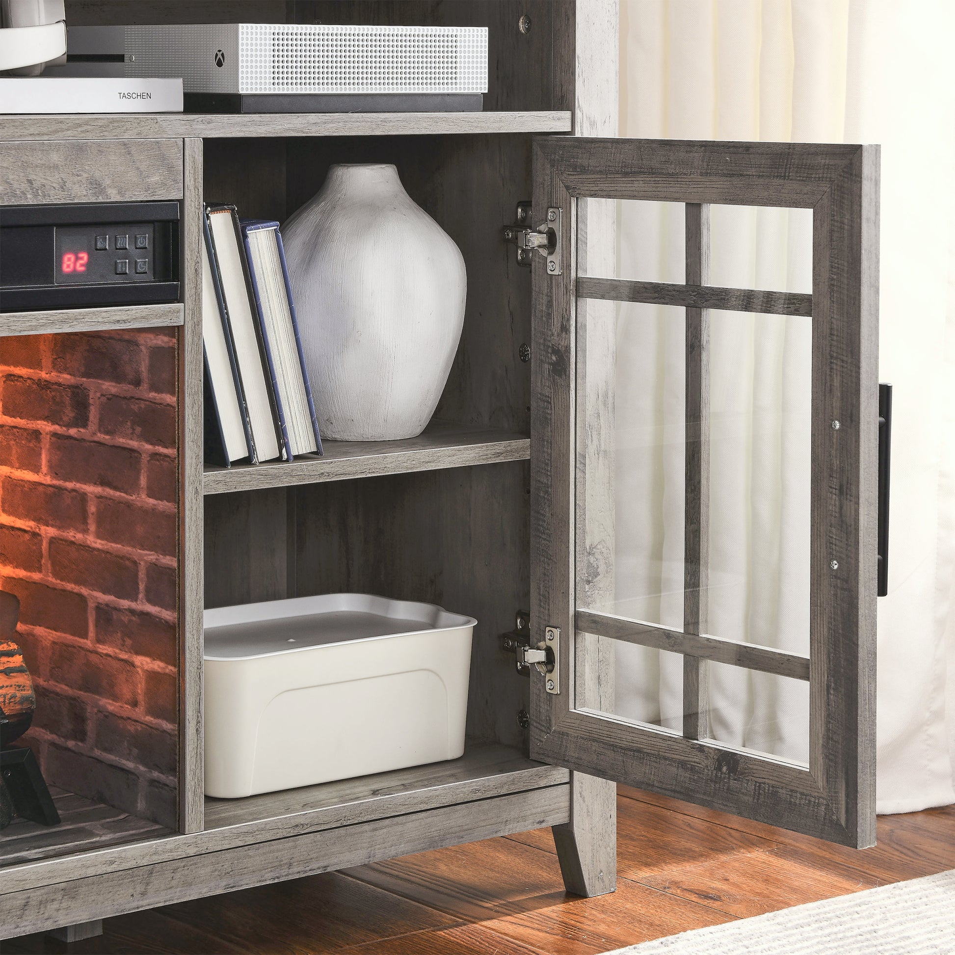 55 Inch Tv Media Stand With Electric Fireplace Kd Inserts Heater,Gray Wash Color Powder Coated Electric Gray Wash Vent Free Primary Living Space Yes Insert Temptered Glass Stainless Steel Mdf Electric