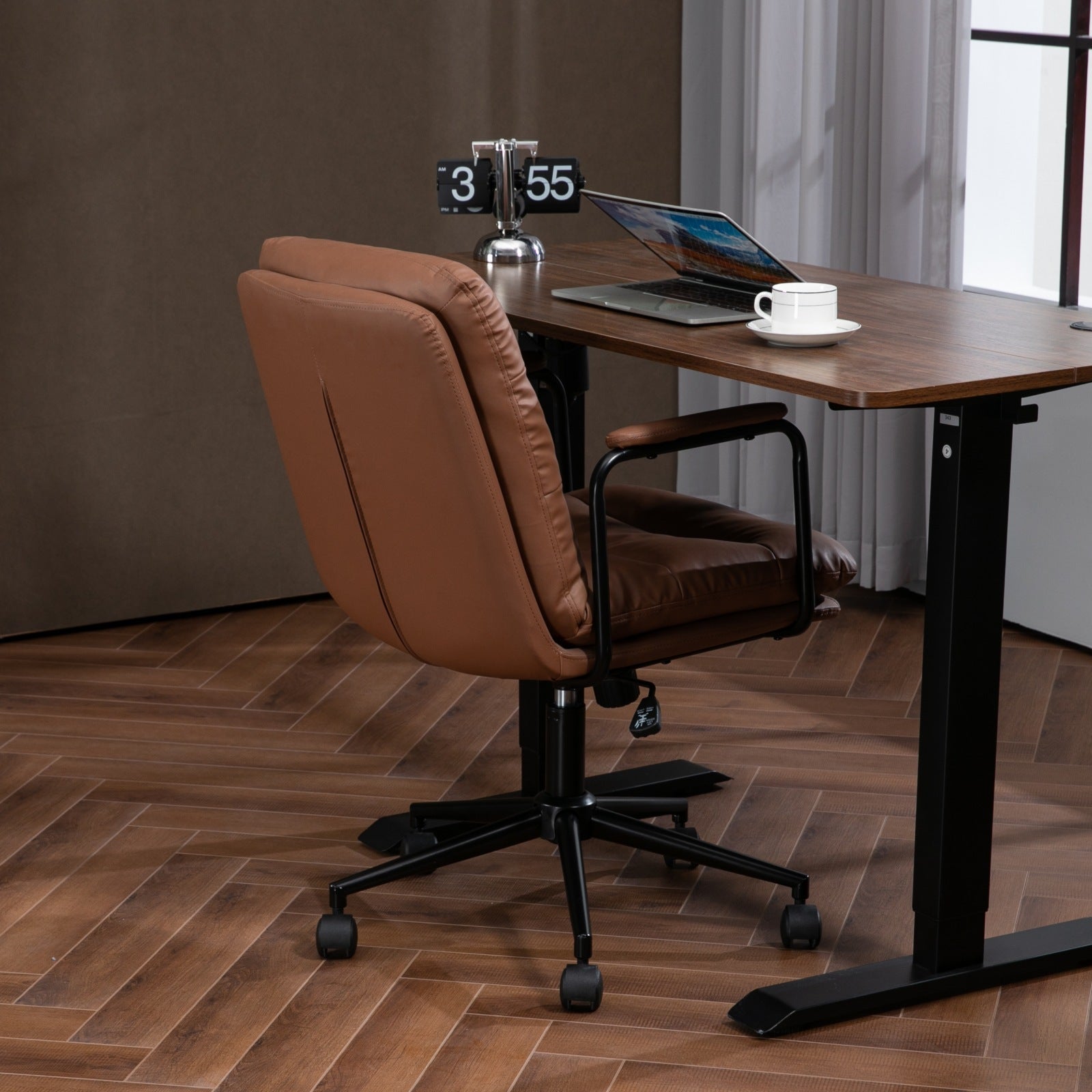 Office Chair,Mid Back Home Office Desk Task Chair With Wheels And Arms Ergonomic Pu Leather Computer Rolling Swivel Chair With Padded Armrest,The Back Of The Chair Can Recline 40 Brown Brown Office American Design Foam Pu Leather