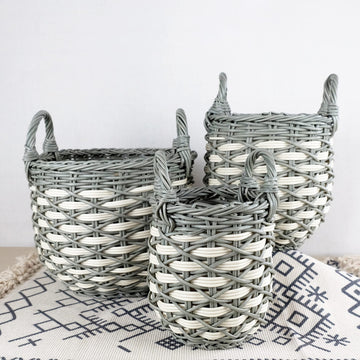 3 Pack Stackable Hand Woven Wicker Storage And Laundry Basket With Handles Gray Beige Plastic