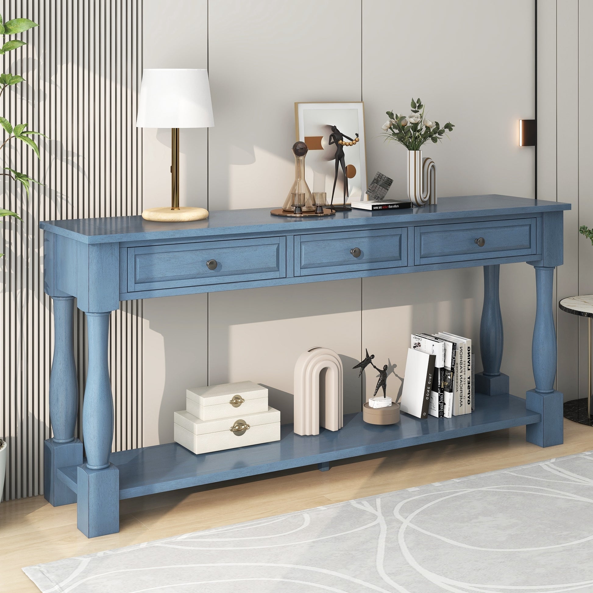 Console Table 63" Long Console Table With Drawers And Shelf For Entryway, Hallway, Living Room Navy, Old Sku: Wf299371Aam Navy Solid Wood