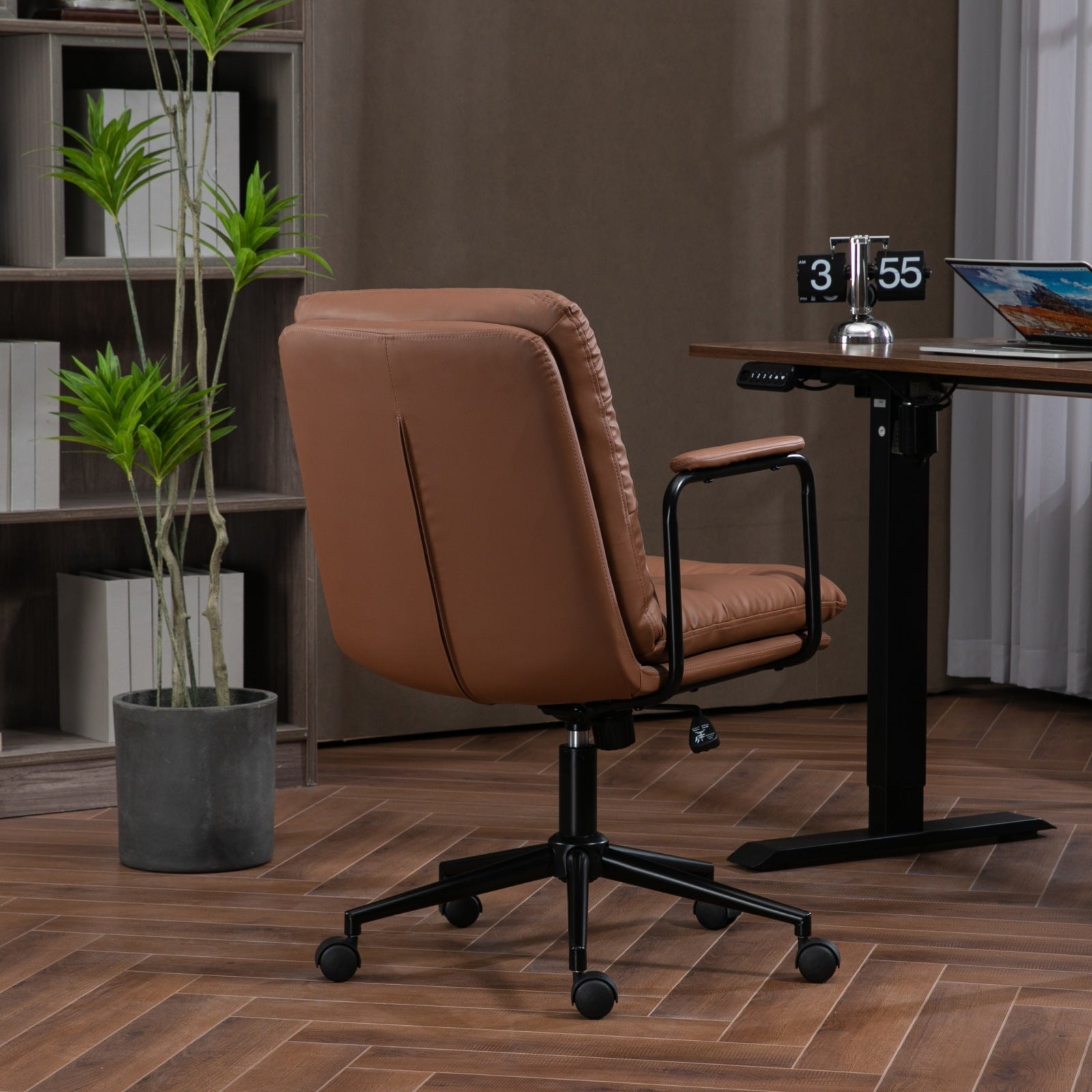 Office Chair,Mid Back Home Office Desk Task Chair With Wheels And Arms Ergonomic Pu Leather Computer Rolling Swivel Chair With Padded Armrest,The Back Of The Chair Can Recline 40 Brown Brown Office American Design Foam Pu Leather