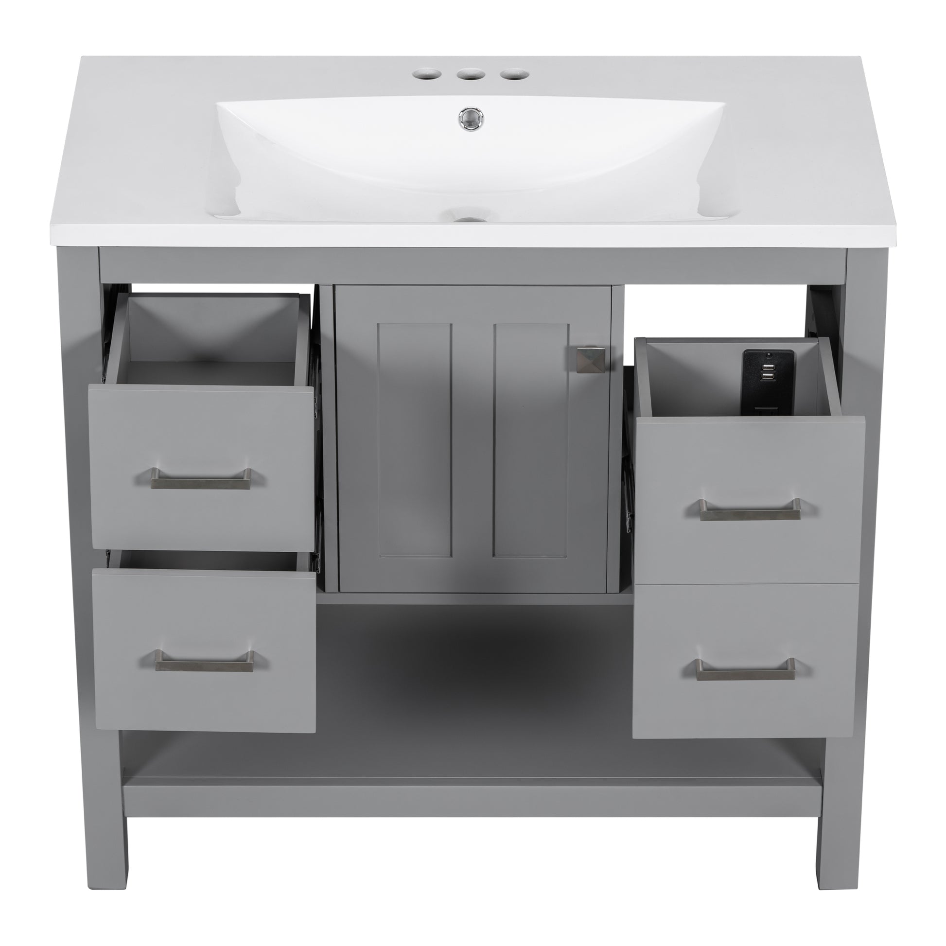 36" Gray Modern Bathroom Vanity With Usb,Two Shallow Drawers, One Deep Drawer,One Door,Single Resin Sink,Small Bathroom Organization Cabinet Gray Solid Wood Mdf Resin