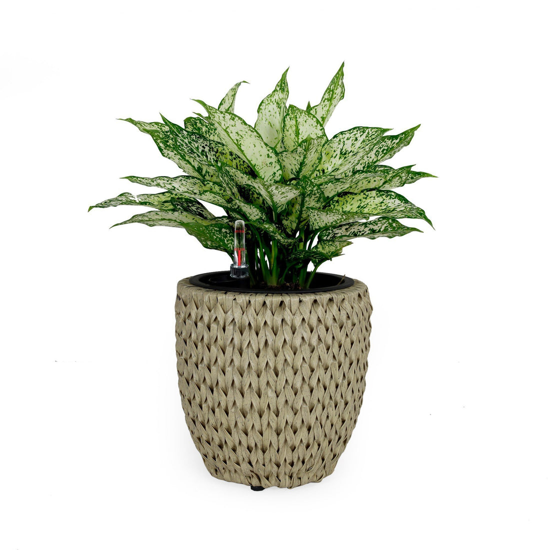 10.6" Self Watering Wicker Planter Garden Decoration Pot Beige Round Beige Rattan Metal