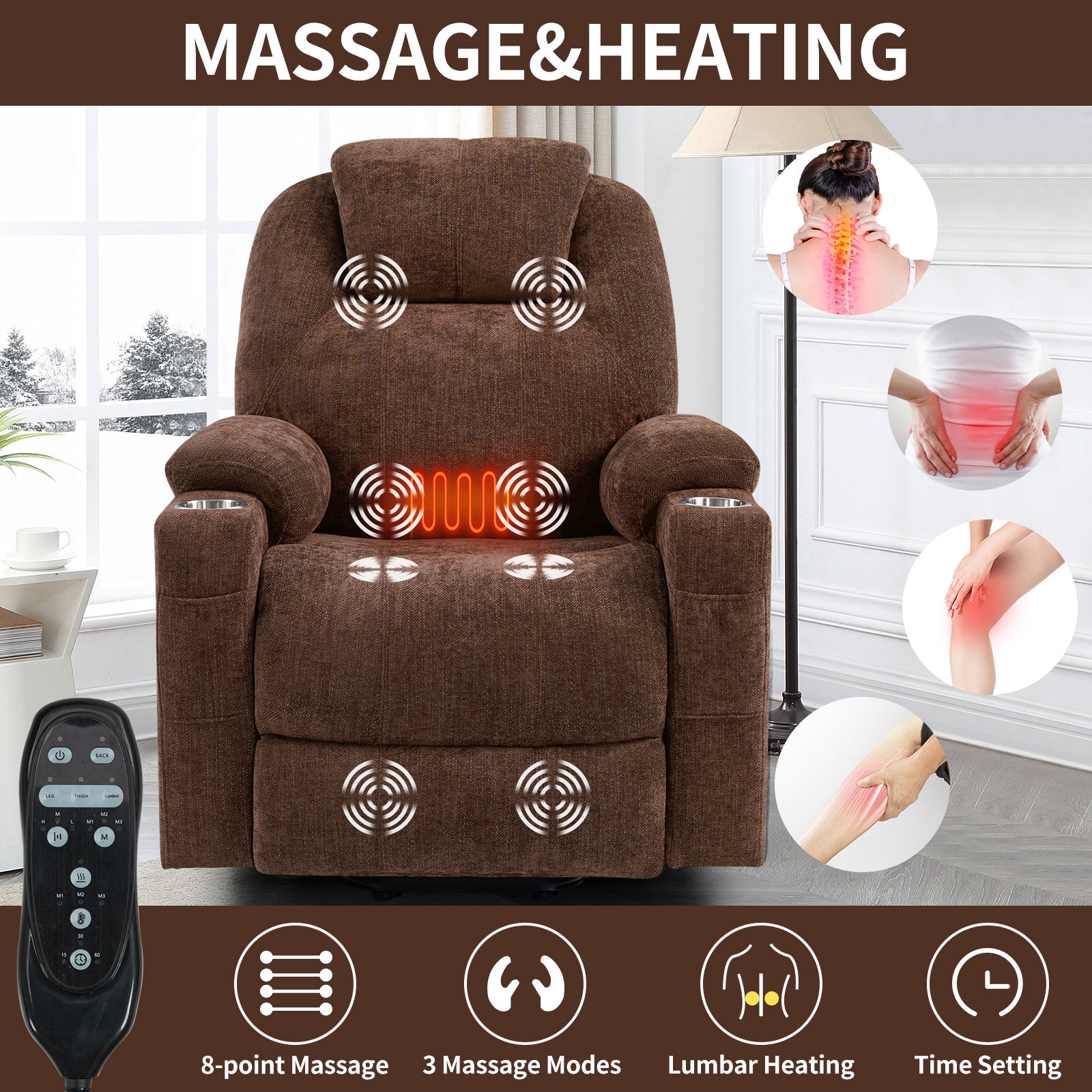 Up To 350 Lbs Chenille Power Lift Recliner Chair, Heavy Duty Motion Mechanism With 8 Point Vibration Massage And Lumbar Heating, Usb And Type C Ports, Stainless Steel Cup Holders, Brown White Metal Primary Living Space Heavy Duty Pine Brown Chenille