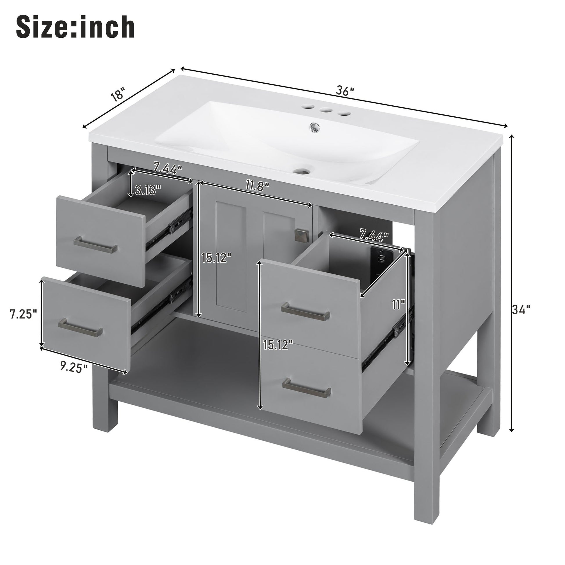 36" Gray Modern Bathroom Vanity With Usb,Two Shallow Drawers, One Deep Drawer,One Door,Single Resin Sink,Small Bathroom Organization Cabinet Gray Solid Wood Mdf Resin