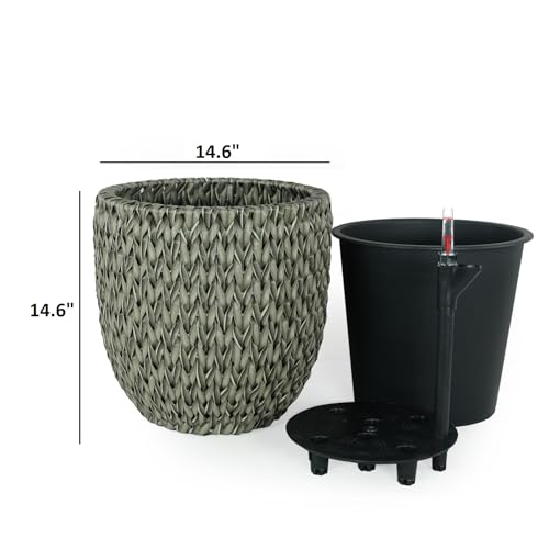 14.6" Self Watering Wicker Planter Garden Decoration Pot Gray Round Gray Rattan Metal