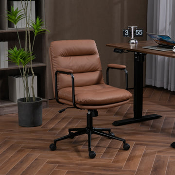 Office Chair,Mid Back Home Office Desk Task Chair With Wheels And Arms Ergonomic Pu Leather Computer Rolling Swivel Chair With Padded Armrest,The Back Of The Chair Can Recline 40 Brown Brown Office American Design Foam Pu Leather