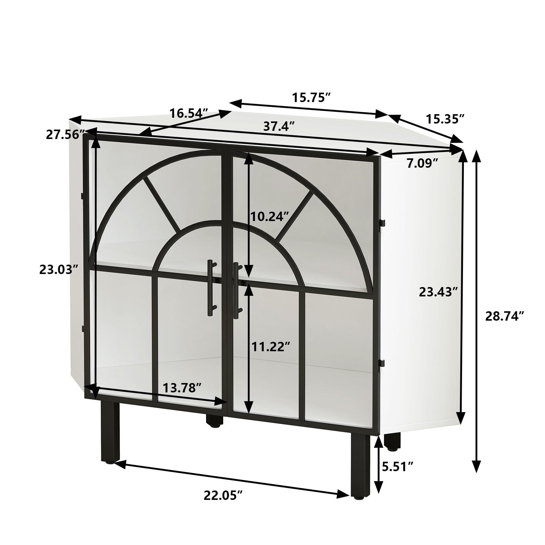 37.40"Glass Two Door Hexagonal Corner Cabinet, For Corner Of Living Room, Hallway, Study And Other Spaces, White White Metal