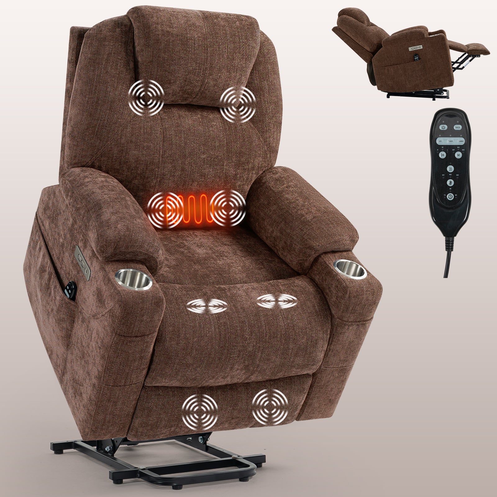 Up To 350 Lbs Chenille Power Lift Recliner Chair, Heavy Duty Motion Mechanism With 8 Point Vibration Massage And Lumbar Heating, Usb And Type C Ports, Stainless Steel Cup Holders, Brown White Metal Primary Living Space Heavy Duty Pine Brown Chenille