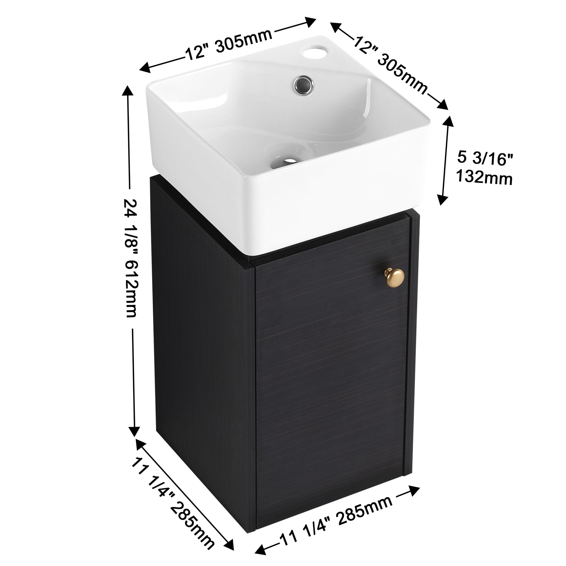 Bathroom Vanity With Sink 12 Inch For Small Bathroom, Bathroom Vanity With Soft Close Door,Small Bathroom Vanity With Sink, 12 Inch L X12Inch W X24.1Inch H Black Chestnut 1 Bathroom Wall Mounted Modern Plywood