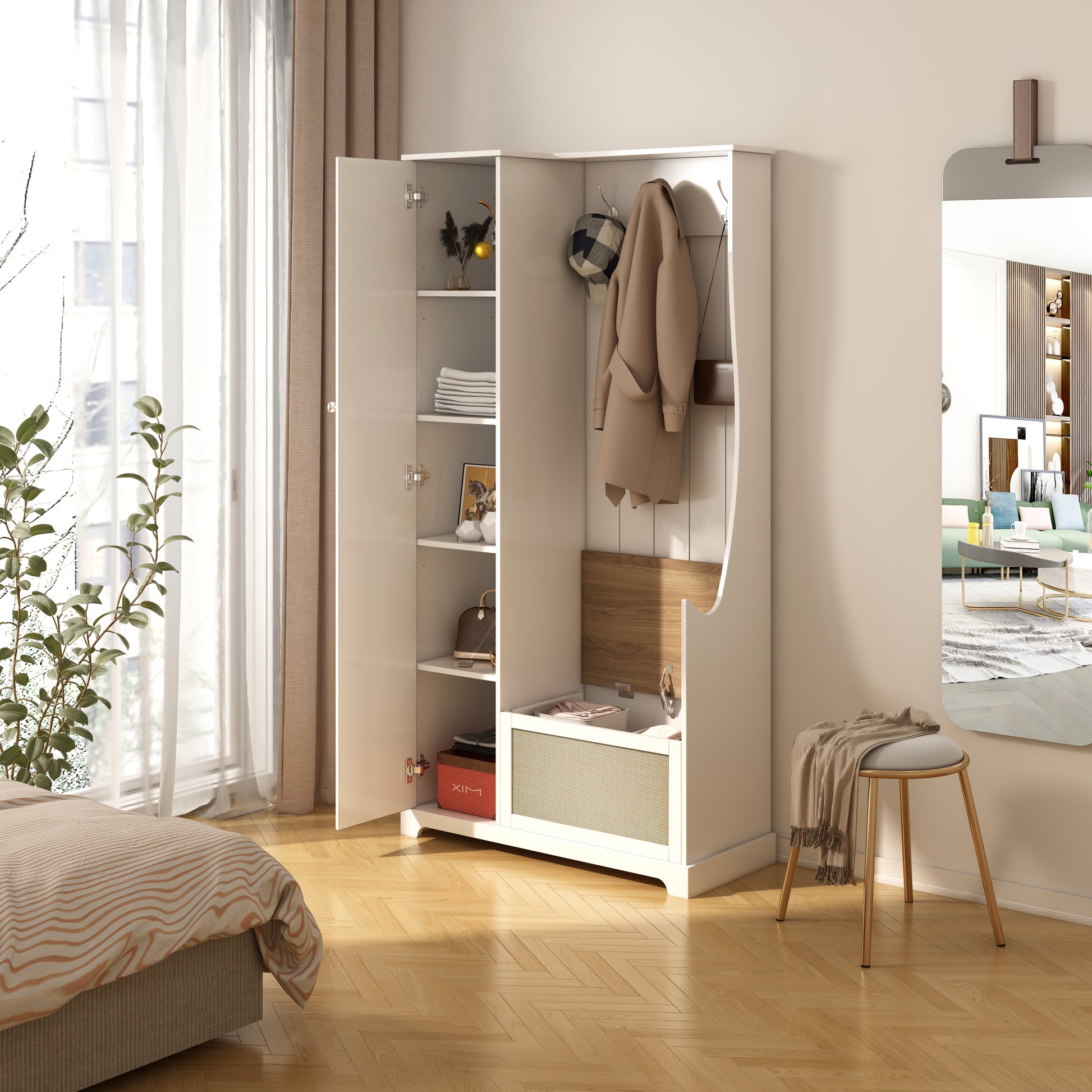 Hall Tree With Bench, Storage Cabinet, Suitable For Living Room, Entryway, Bedroom White Mdf