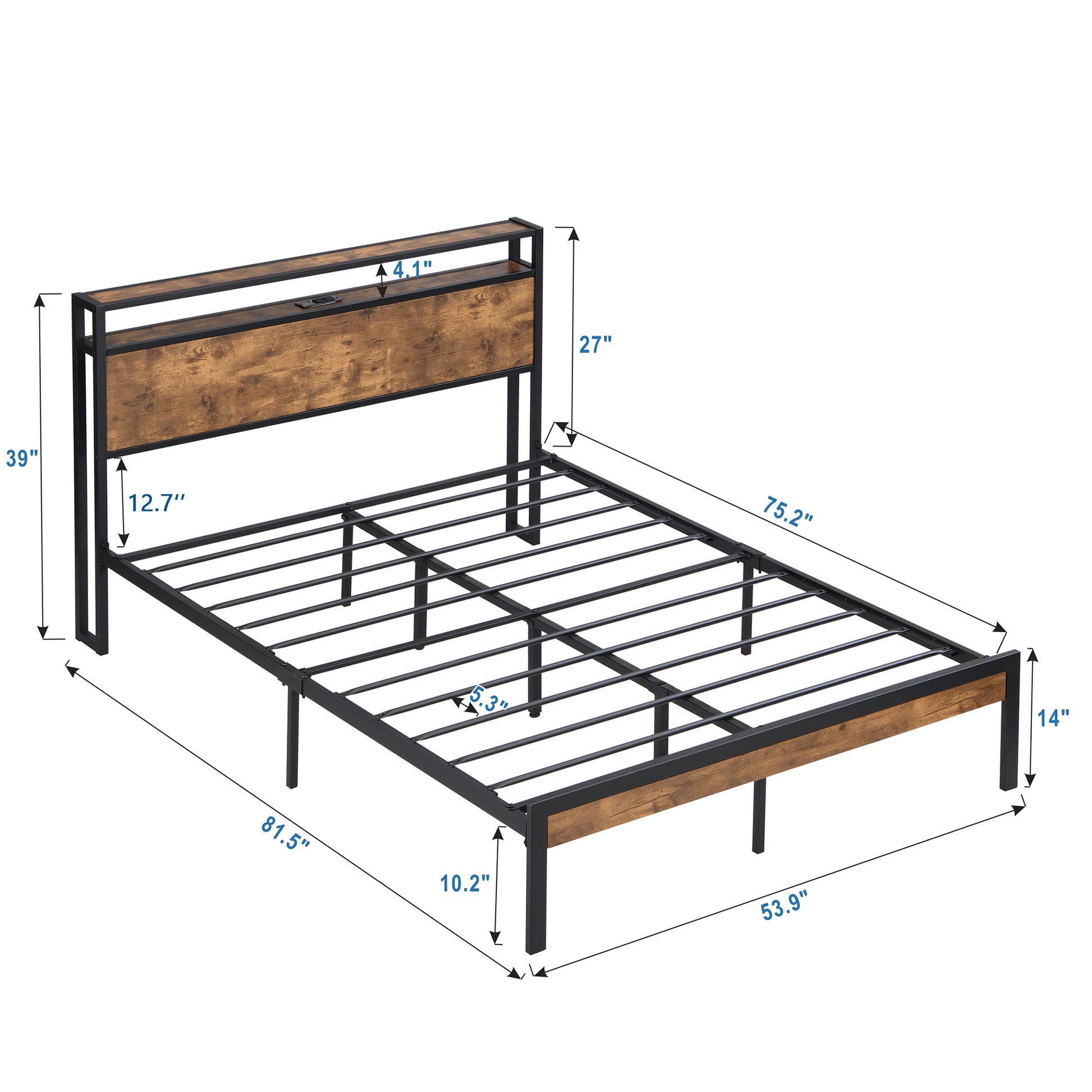 Full Size Metal Platform Bed Frame With Wooden Headboard And Footboard With Usb Liner, No Box Spring Needed, Large Under Bed Storage, Easy Assemble Black Metal