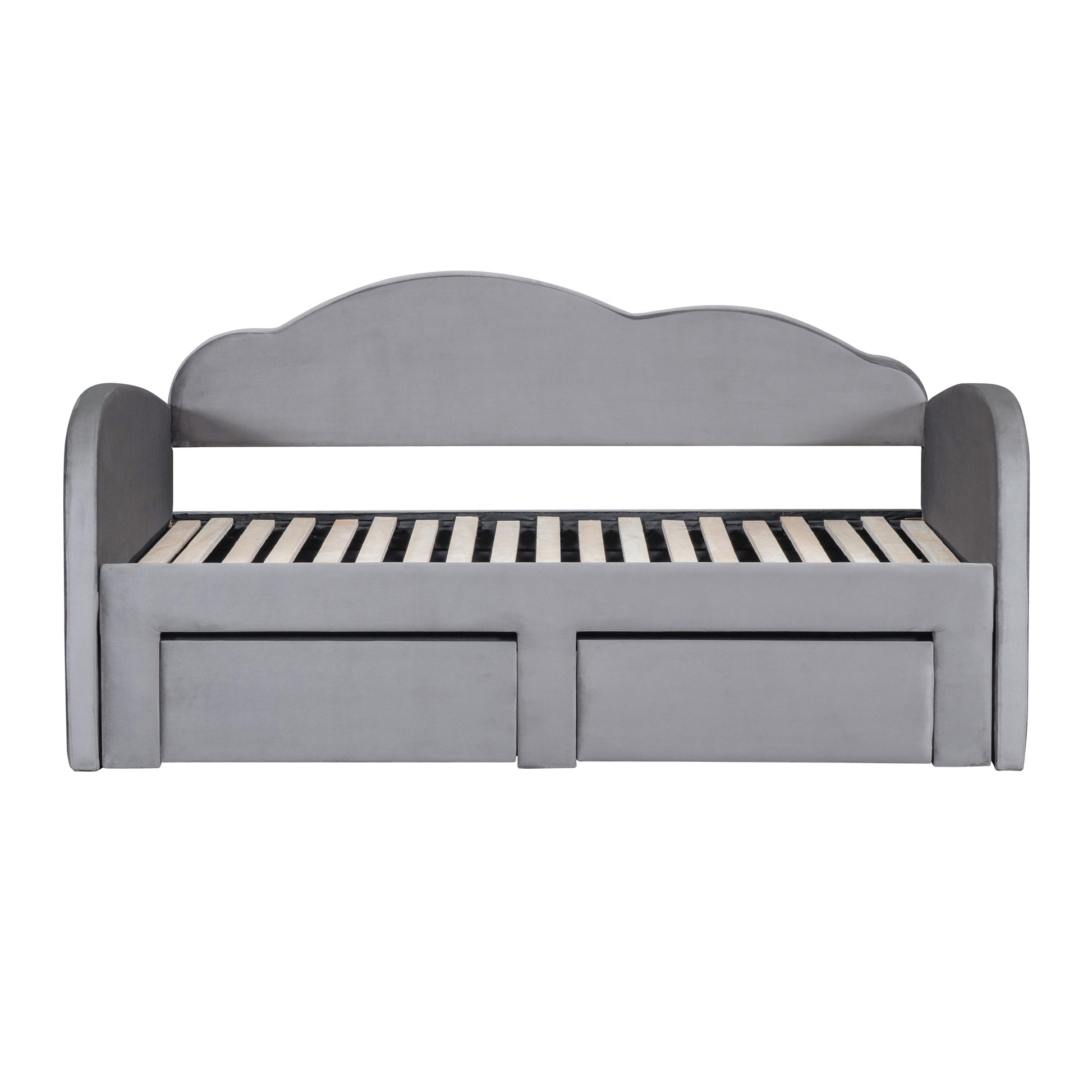 Twin Size Upholstered Daybed With Cloud Shaped Backrest, Trundle & 2 Drawers And Usb Ports, Gray Twin Gray Velvet