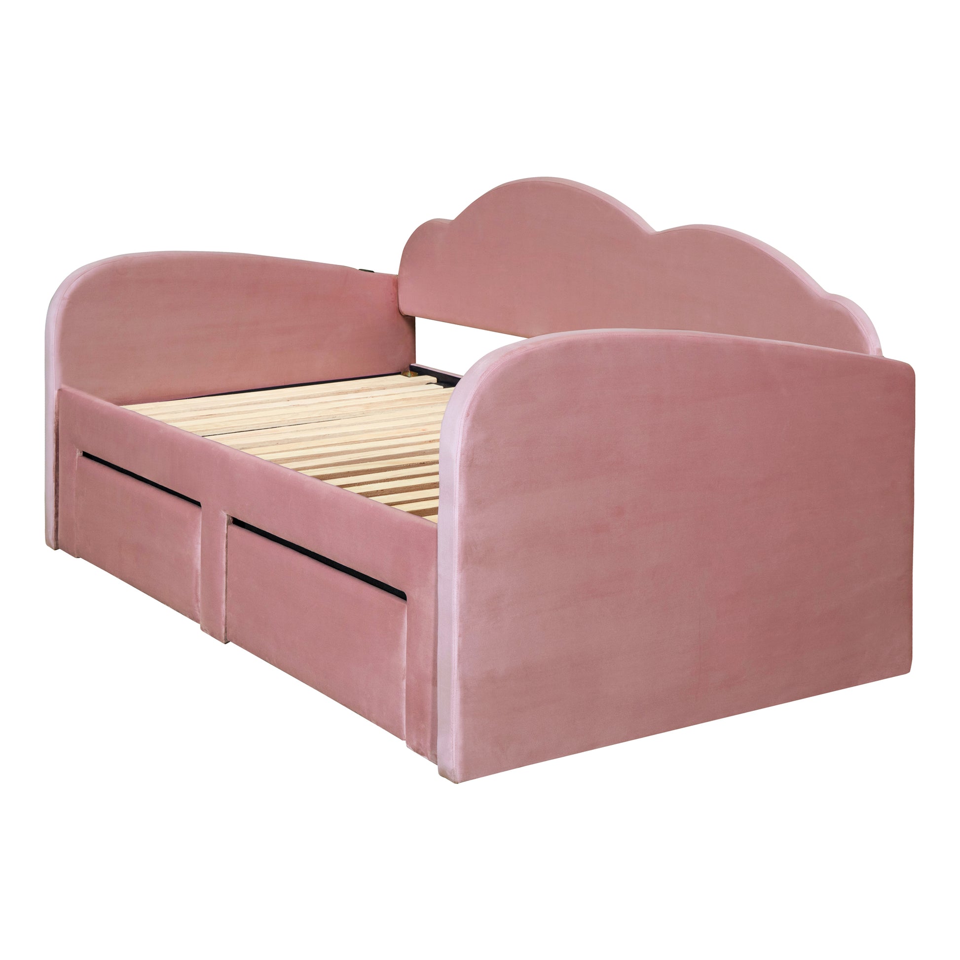 Twin Size Upholstered Daybed With Cloud Shaped Backrest, Trundle & 2 Drawers And Usb Ports, Pink Pink Velvet