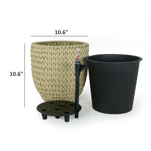 10.6" Self Watering Wicker Planter Garden Decoration Pot Beige Round Beige Rattan Metal