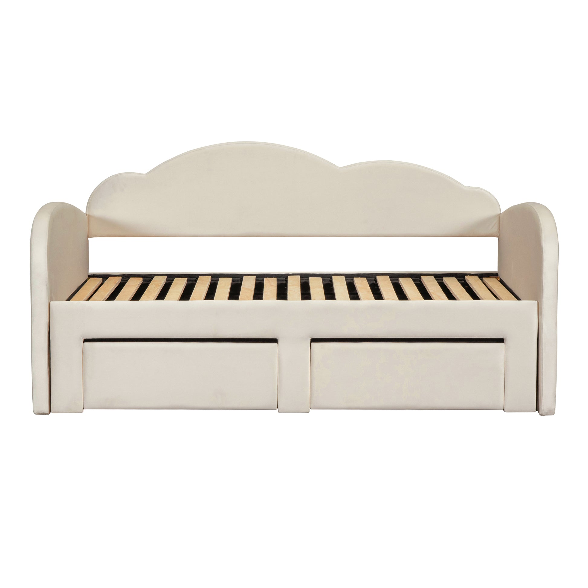 Twin Size Upholstered Daybed With Cloud Shaped Backrest, Trundle & 2 Drawers And Usb Ports, Beige Beige Velvet