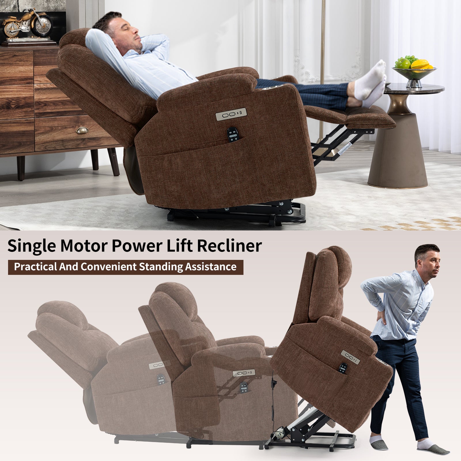 Up To 350 Lbs Chenille Power Lift Recliner Chair, Heavy Duty Motion Mechanism With 8 Point Vibration Massage And Lumbar Heating, Usb And Type C Ports, Stainless Steel Cup Holders, Brown White Metal Primary Living Space Heavy Duty Pine Brown Chenille