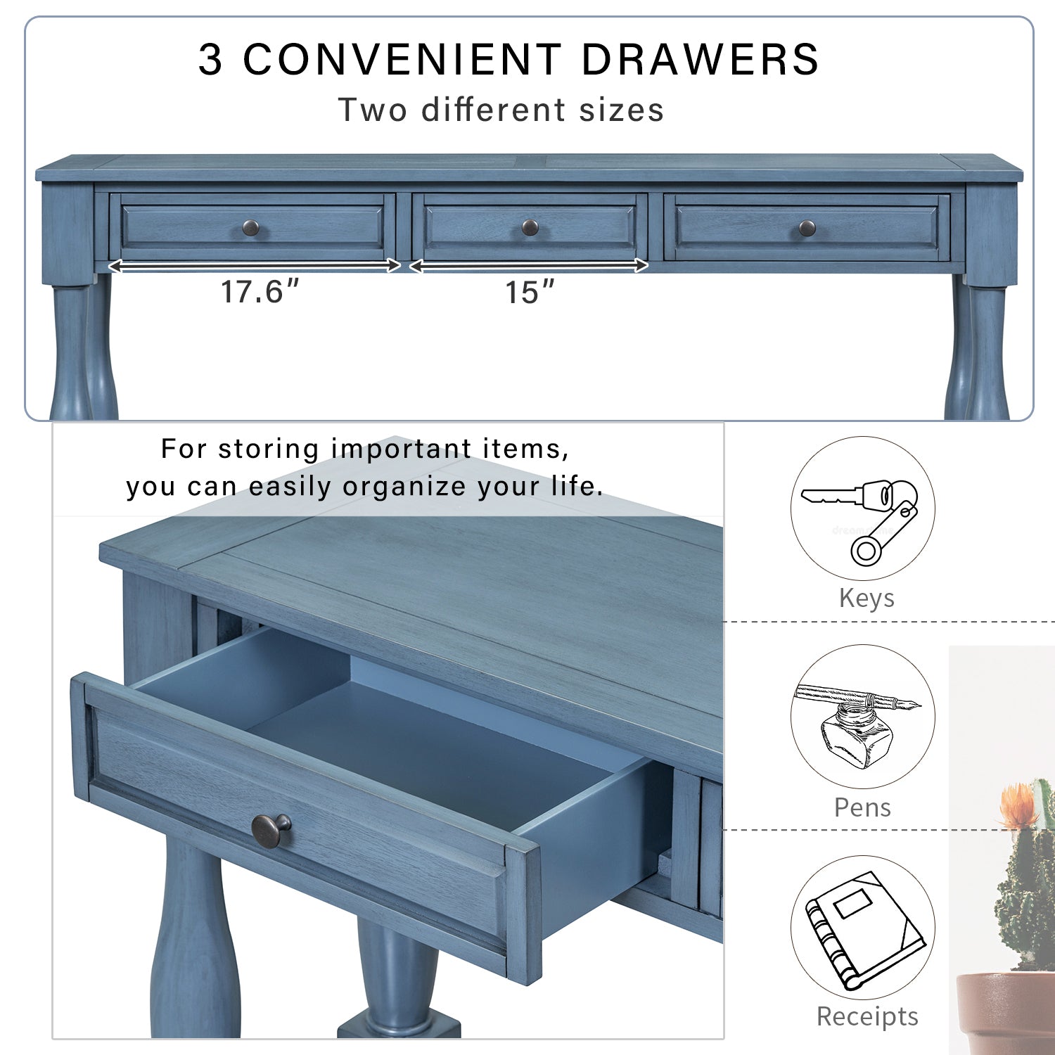 Console Table 63" Long Console Table With Drawers And Shelf For Entryway, Hallway, Living Room Navy, Old Sku: Wf299371Aam Navy Solid Wood