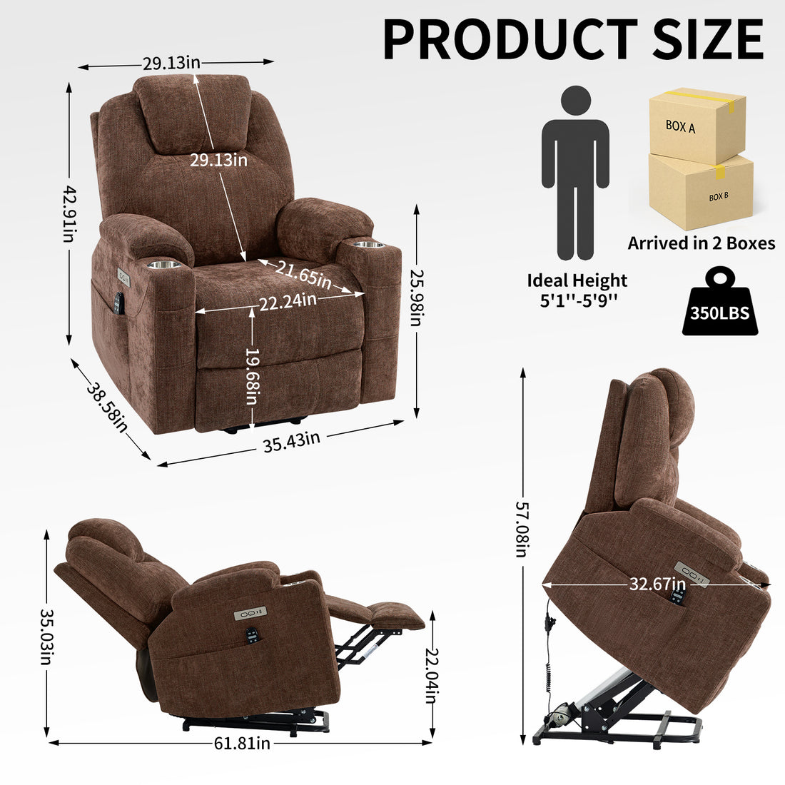 Up To 350 Lbs Chenille Power Lift Recliner Chair, Heavy Duty Motion Mechanism With 8 Point Vibration Massage And Lumbar Heating, Usb And Type C Ports, Stainless Steel Cup Holders, Brown White Metal Primary Living Space Heavy Duty Pine Brown Chenille