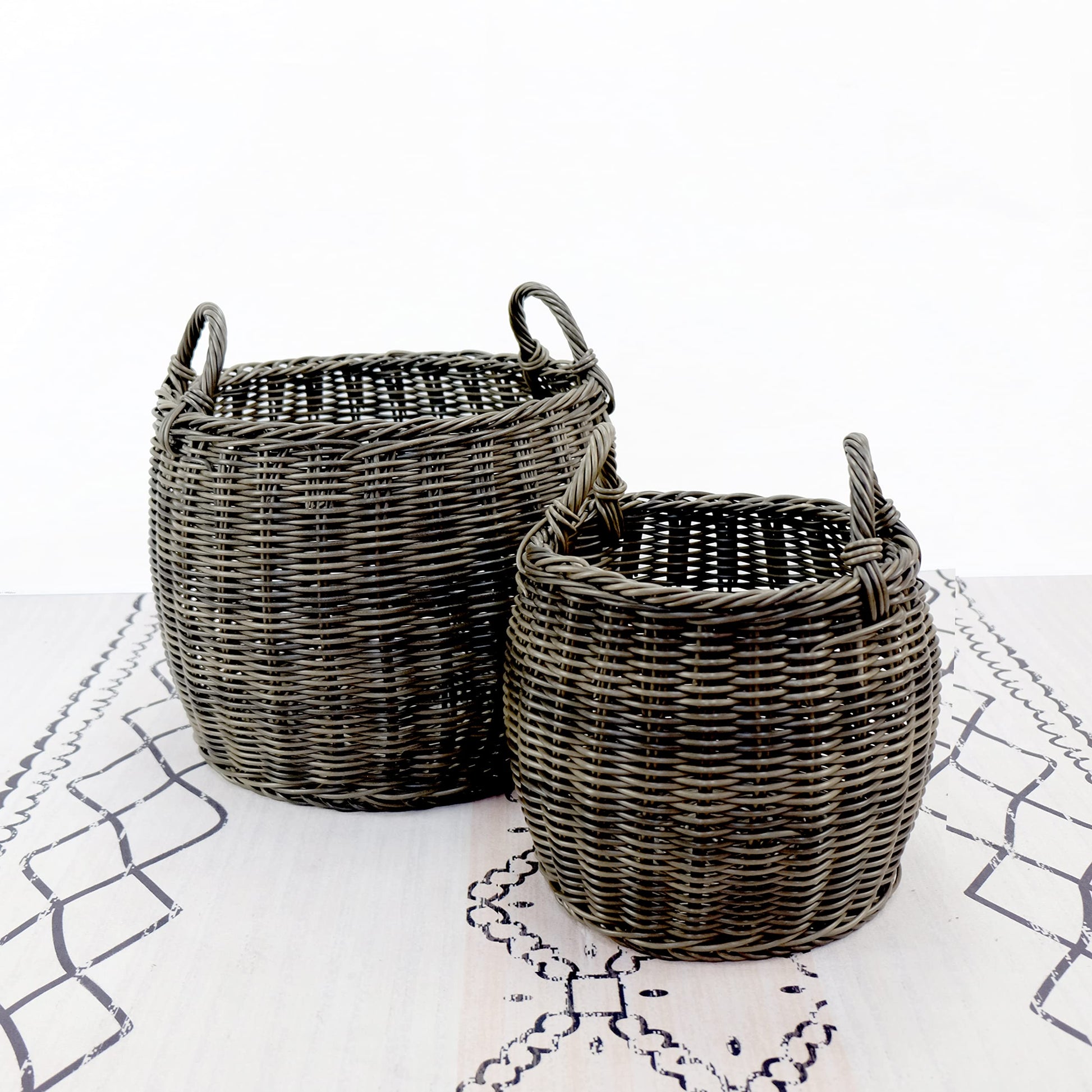 2 Pack Stackable Hand Woven Wicker Storage And Laundry Basket With Handles Dark Gray Plastic