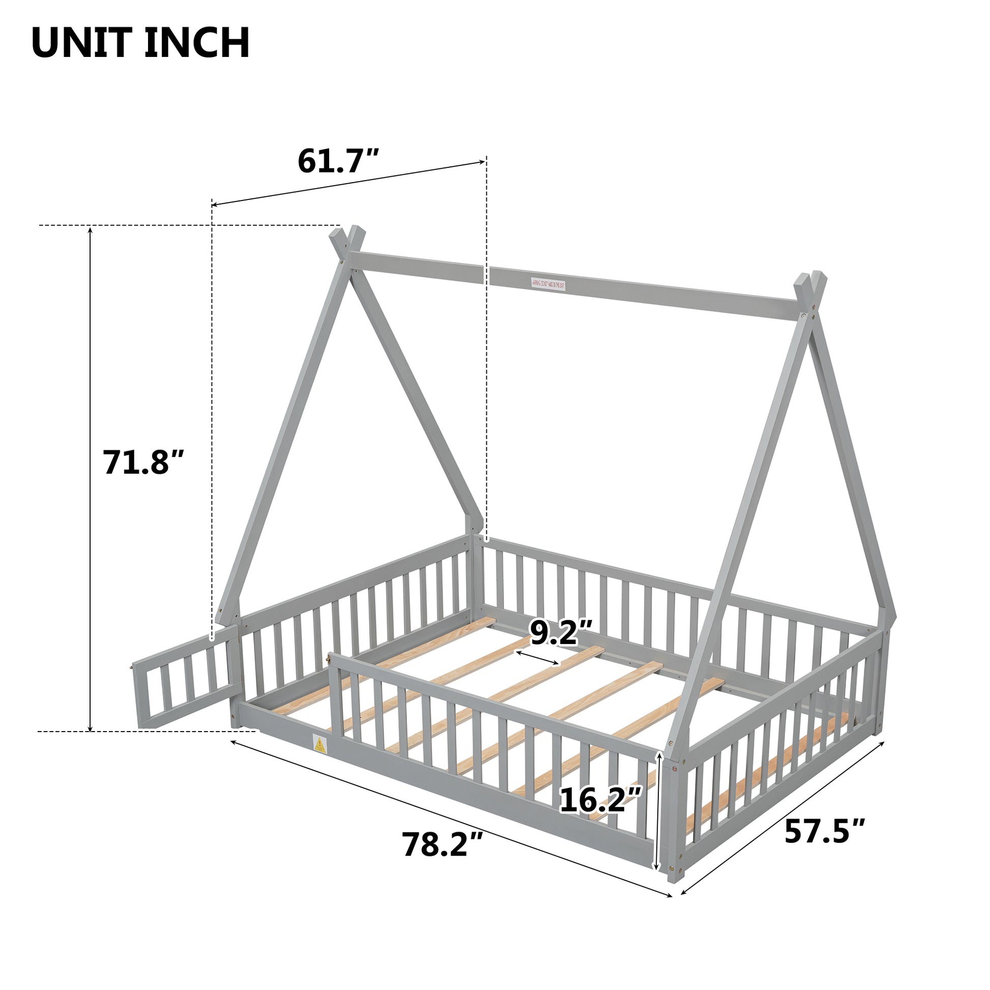 Full Tent Shaped Floor Bed, With Guardrails, Slats, Door ,Grey Full Grey Wood Bedroom American Design Pine Bed Frame Pine