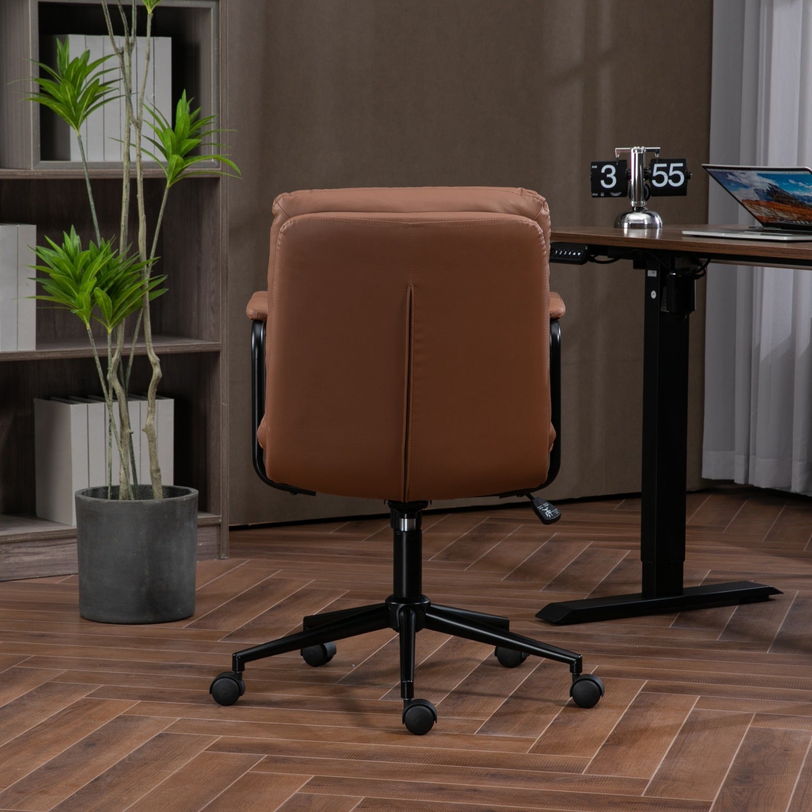 Office Chair,Mid Back Home Office Desk Task Chair With Wheels And Arms Ergonomic Pu Leather Computer Rolling Swivel Chair With Padded Armrest,The Back Of The Chair Can Recline 40 Brown Brown Office American Design Foam Pu Leather