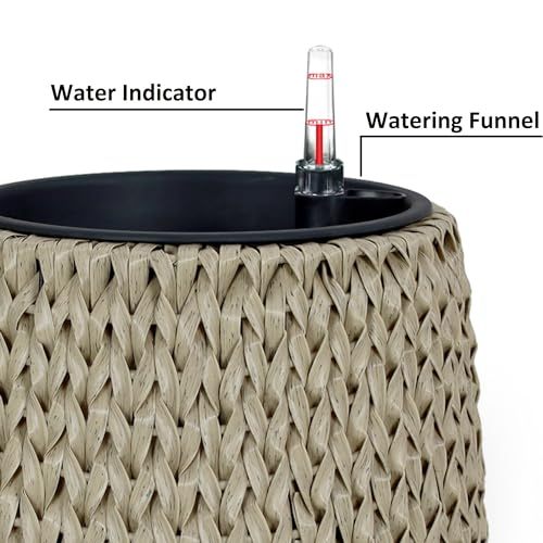 10.6" Self Watering Wicker Planter Garden Decoration Pot Beige Round Beige Rattan Metal