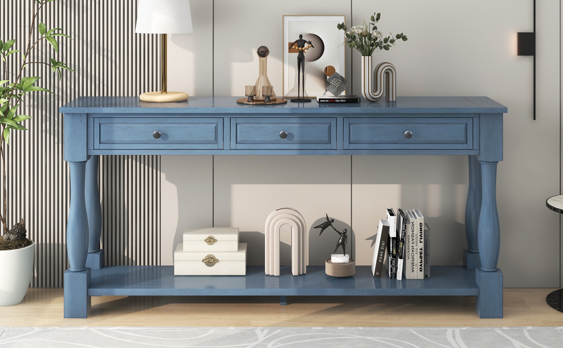 Console Table 63" Long Console Table With Drawers And Shelf For Entryway, Hallway, Living Room Navy, Old Sku: Wf299371Aam Navy Solid Wood