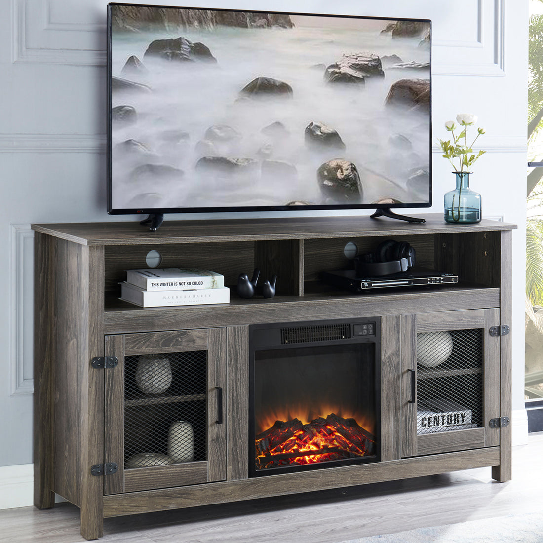 Modern Farmhouse Tv Stand With Electric Fireplace, Fit Up To 65" Flat Screen Tv With Storage Cabinet And Adjustable Shelves Industrial Entertainment Center For Living Room, Grey Grey Mdf