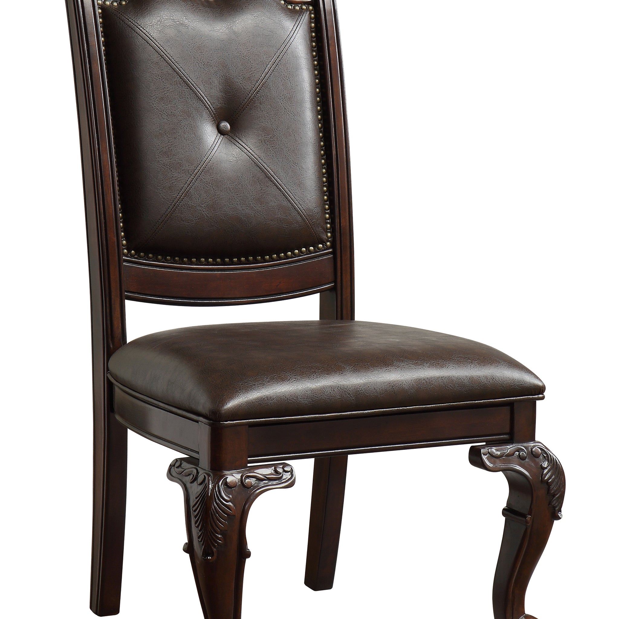 Beautiful Hand Carved Formal Traditional Dining Side Chair With Faux Leather Upholstered Padded Seat And Back Button Tufting Detail Dining Room Solid Wood Furniture Brown Espresso Brown Espresso Dining Room Traditional Side Chair Tufted Back Solid Wood