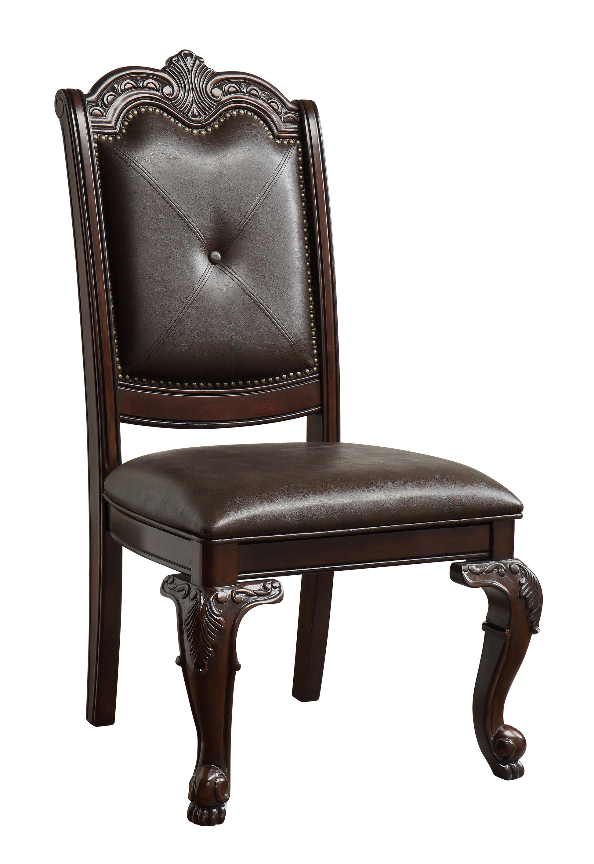 Beautiful Hand Carved Formal Traditional Dining Side Chair With Faux Leather Upholstered Padded Seat And Back Button Tufting Detail Dining Room Solid Wood Furniture Brown Espresso Brown Espresso Dining Room Traditional Side Chair Tufted Back Solid Wood