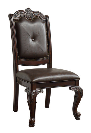 Beautiful Hand Carved Formal Traditional Dining Side Chair With Faux Leather Upholstered Padded Seat And Back Button Tufting Detail Dining Room Solid Wood Furniture Brown Espresso Brown Espresso Dining Room Traditional Side Chair Tufted Back Solid Wood