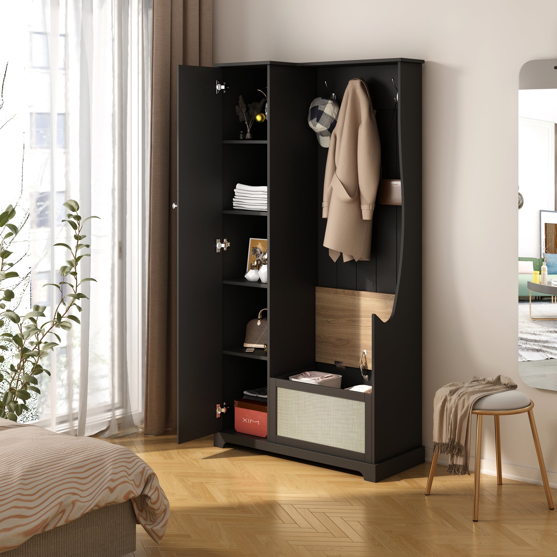 Hall Tree With Bench, Storage Cabinet, Suitable For Living Room, Entryway, Bedroom Black Mdf