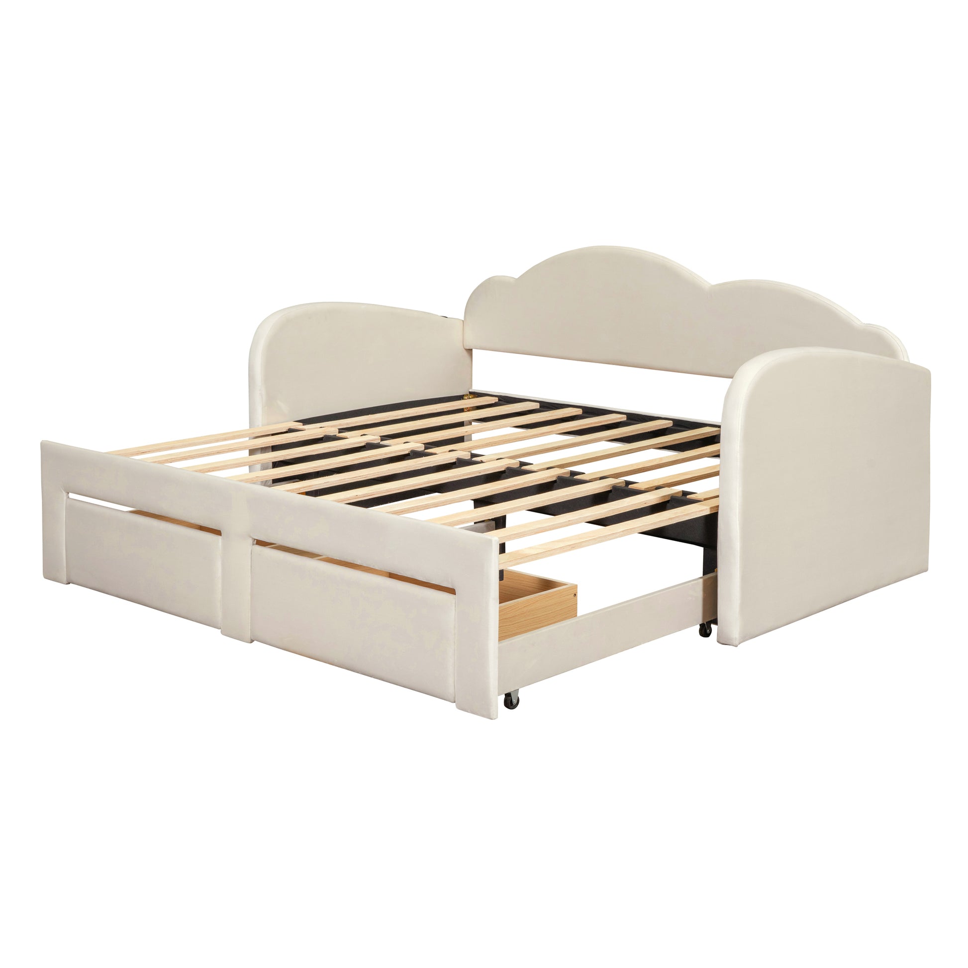 Twin Size Upholstered Daybed With Cloud Shaped Backrest, Trundle & 2 Drawers And Usb Ports, Beige Beige Velvet