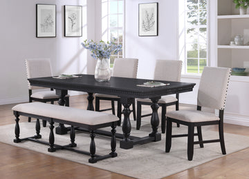 Rustic Traditional Black Finish Dining Set Rectangle Table Fabric Upholstered Bench Tufted Trim Chairs 6Pc Set Wood Wood Black Seats 6 Wood Dining Room Fixed Table Rustic,Traditional,Vintage Rectangular Rectangular Dining Table With Chair And Bench Wood