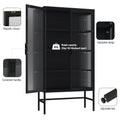 Double Glass Door Storage Cabinet With Adjustable Shelves And Feet Cold Rolled Steel Sideboard Furniture For Living Room Kitchen Black Black Tempered Glass